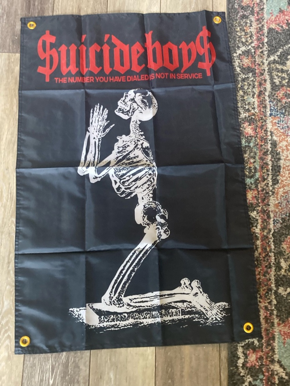 Sale! Suicideboys Black Flag with Red Logo and White Skeleton Graphic